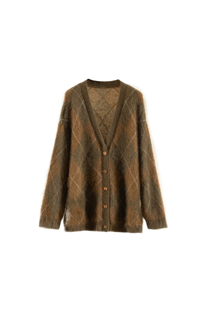 Oversized Brushed Cashmere Argyle V-Neck Cardigan  Fibflx