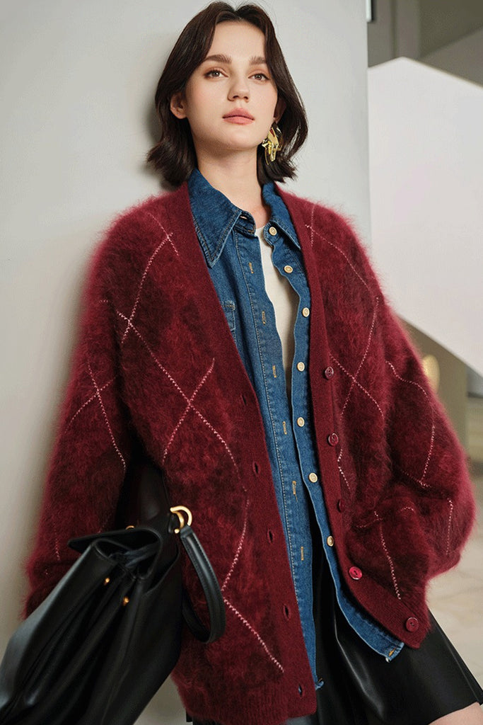 Oversized Brushed Cashmere Argyle V-Neck Cardigan Raspberry Fuschia / One Size (Relaxed fit for S–L) Fibflx