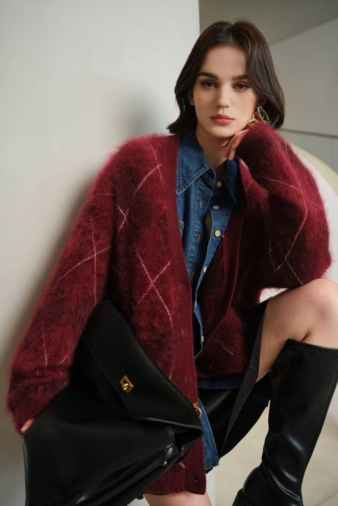 Oversized Brushed Cashmere Argyle V-Neck Cardigan  Fibflx