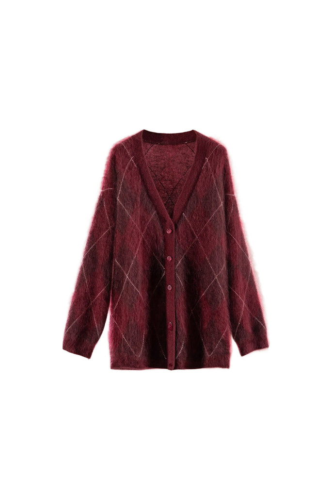 Oversized Brushed Cashmere Argyle V-Neck Cardigan  Fibflx