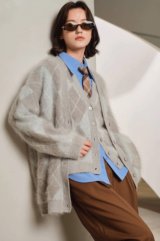 Oversized Brushed Cashmere Argyle V-Neck Cardigan  Fibflx