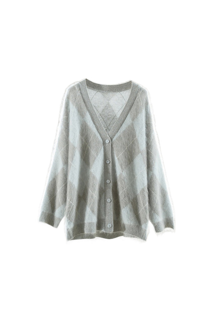 Oversized Brushed Cashmere Argyle V-Neck Cardigan  Fibflx