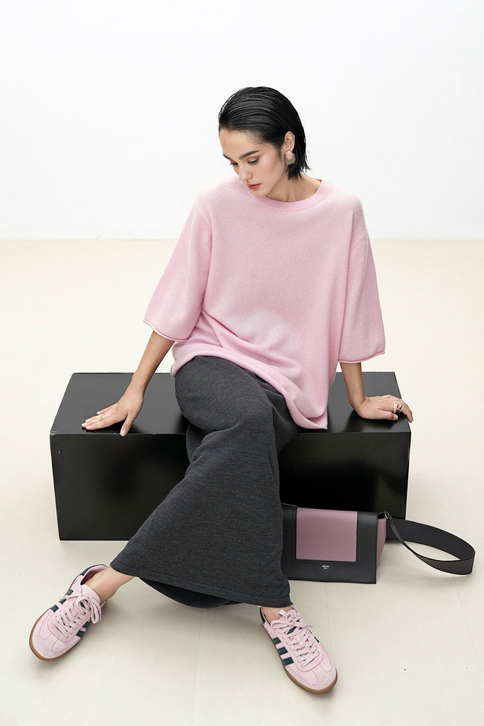 Oversized Cashmere 3/4 Sleeve Sweater T-Shirt  Fibflx