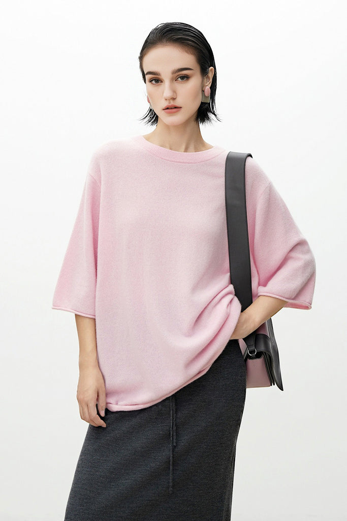Oversized Cashmere 3/4 Sleeve Sweater T-Shirt  Fibflx