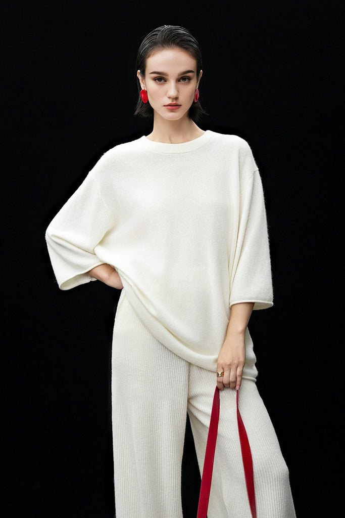 Oversized Cashmere 3/4 Sleeve Sweater T-Shirt  Fibflx