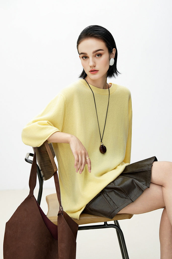 Oversized Cashmere 3/4 Sleeve Sweater T-Shirt  Fibflx