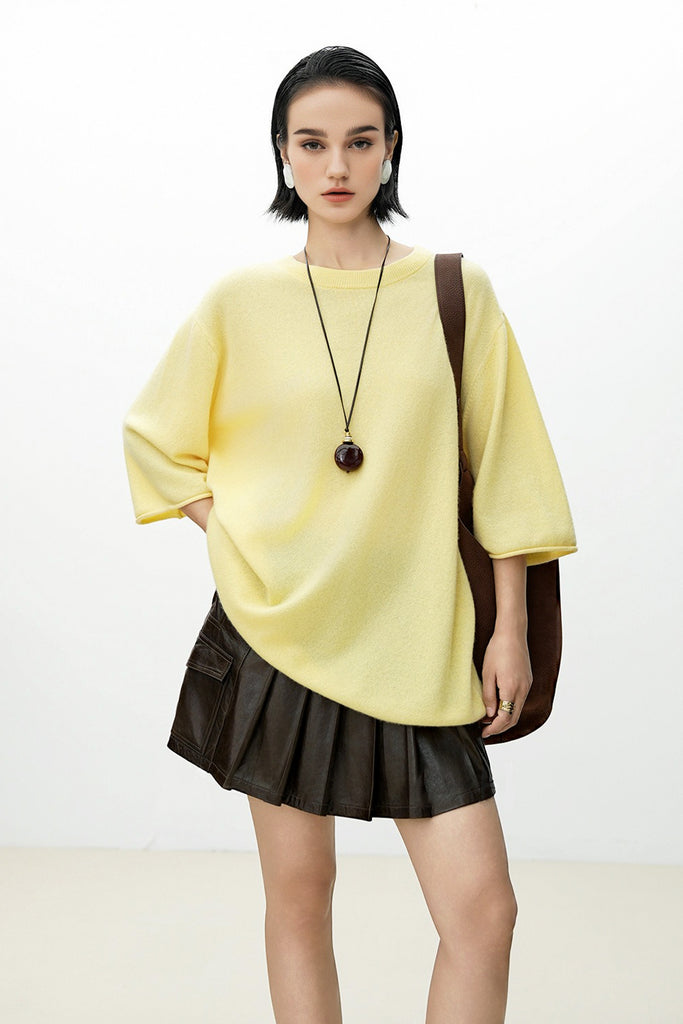 Oversized Cashmere 3/4 Sleeve Sweater T-Shirt  Fibflx