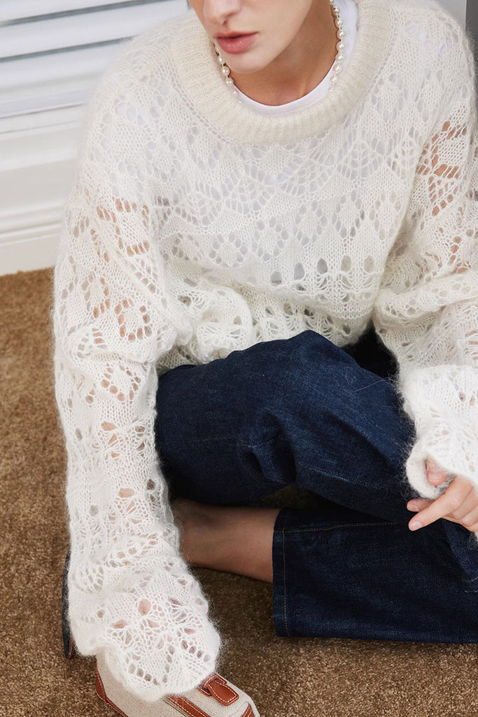 Oversized Cashmere-Silk Open Knit Crewneck Sweater  Fibflx