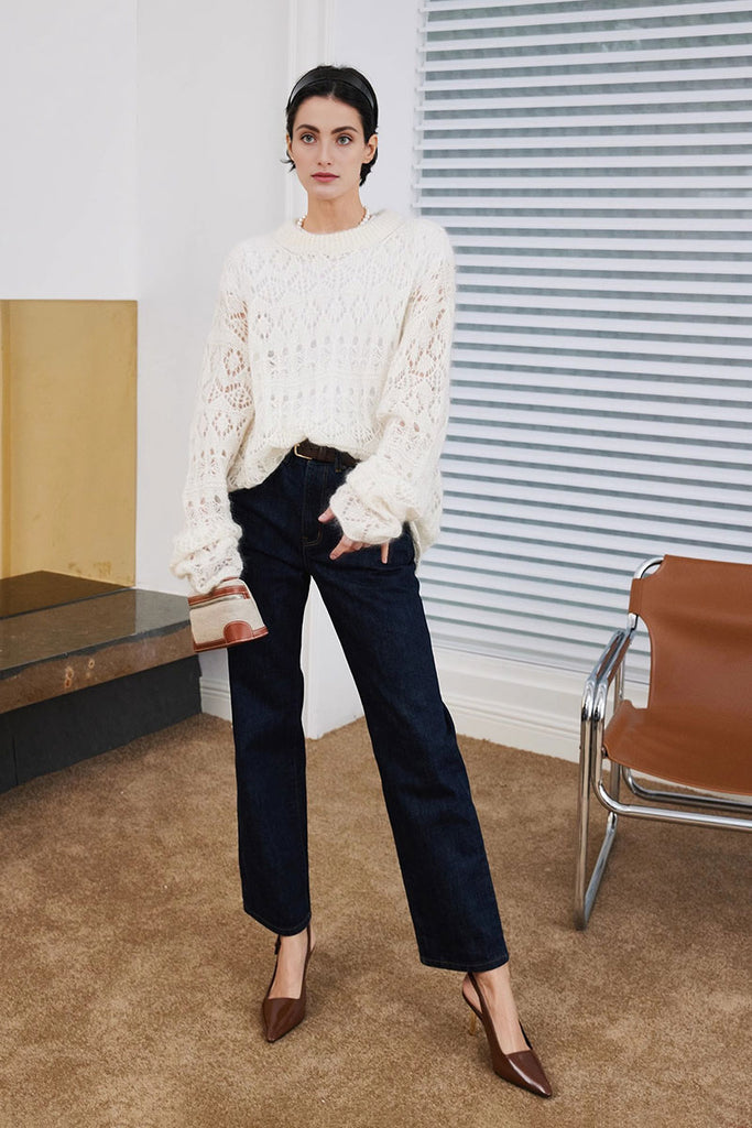 Oversized Cashmere-Silk Open Knit Crewneck Sweater  Fibflx