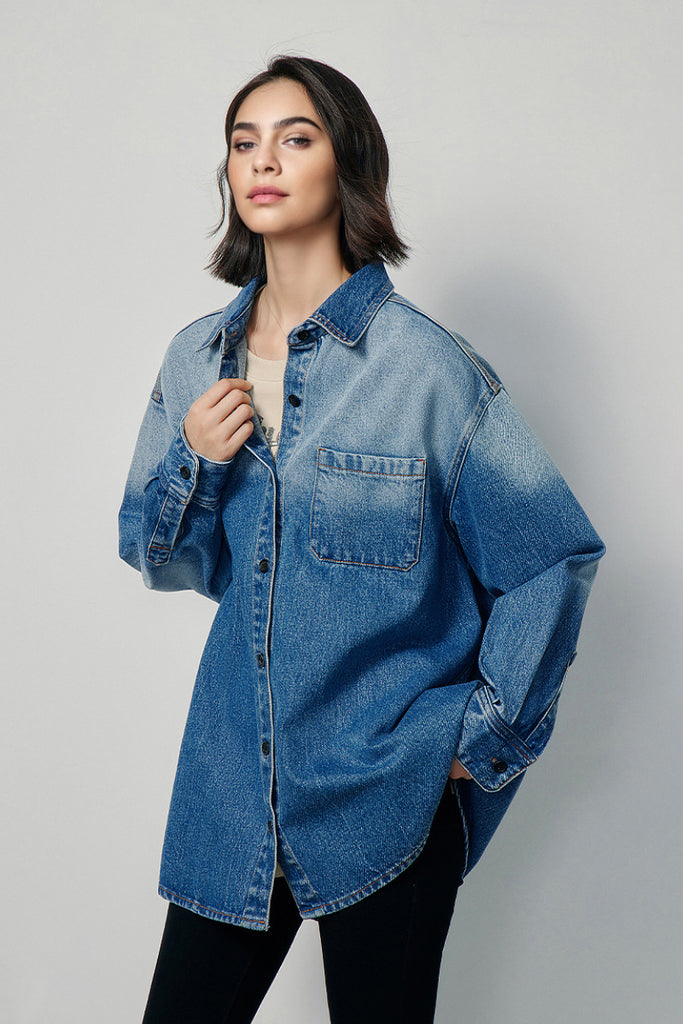 Fibflx Women's Oversized Denim Long-Sleeve Button-Up Shirt with Gradient Effect