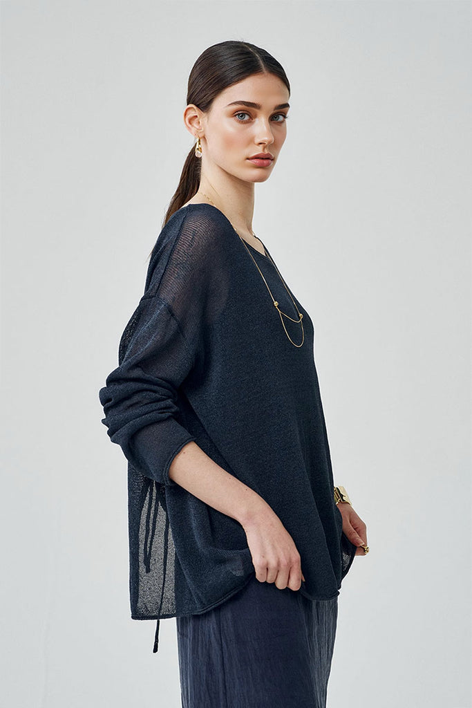 Oversized Designer Sheer Long-Sleeve Crew-Neck Knit T-shirt  Fibflx