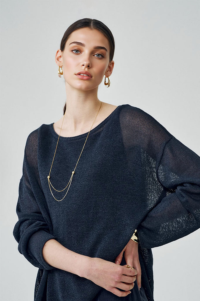 Oversized Designer Sheer Long-Sleeve Crew-Neck Knit T-shirt  Fibflx