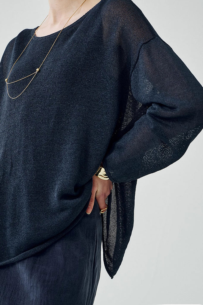 Oversized Designer Sheer Long-Sleeve Crew-Neck Knit T-shirt  Fibflx