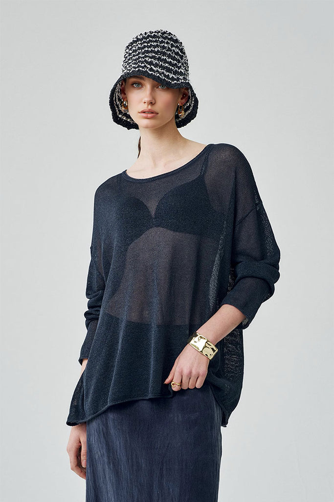 Oversized Designer Sheer Long-Sleeve Crew-Neck Knit T-shirt  Fibflx