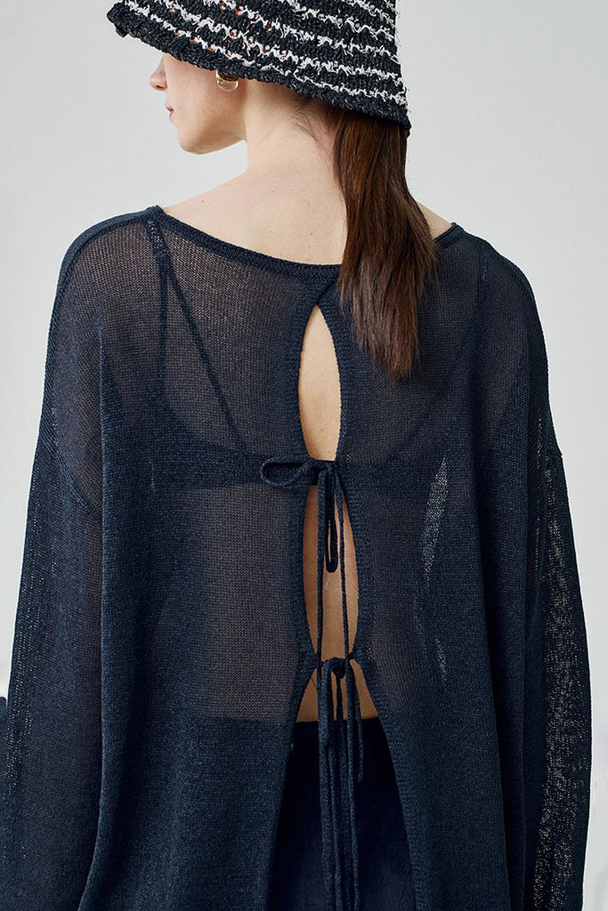 Oversized Designer Sheer Long-Sleeve Crew-Neck Knit T-shirt  Fibflx