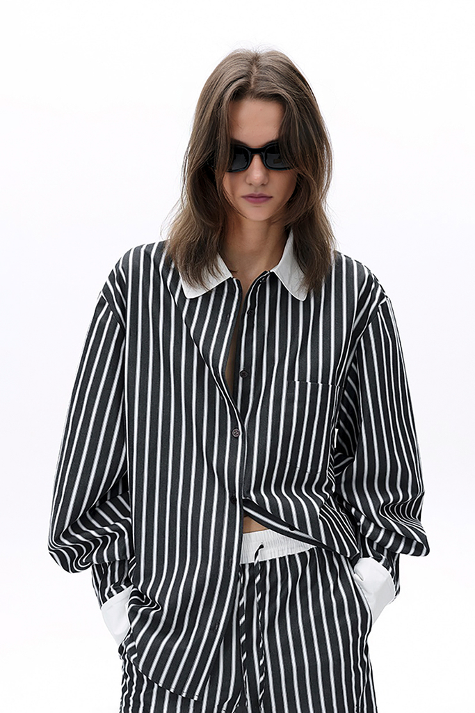 Fibflx Women's Oversized Designer Style Black and White Striped Shirt