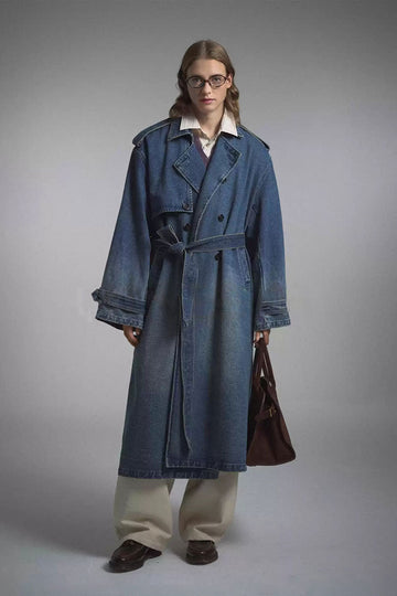 Fibflx Women's Oversized Distressed Double Breasted Denim Trench Coat with Belt