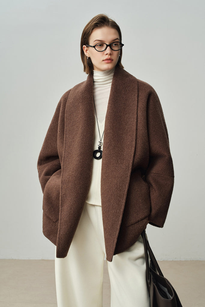 Oversized Double-Faced Wool Short Wrap Coat  Fibflx