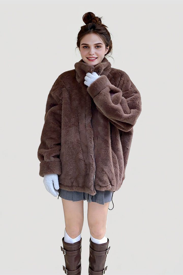 Oversized Faux Mink Fur Stand-Collar Jacket  Fibflx