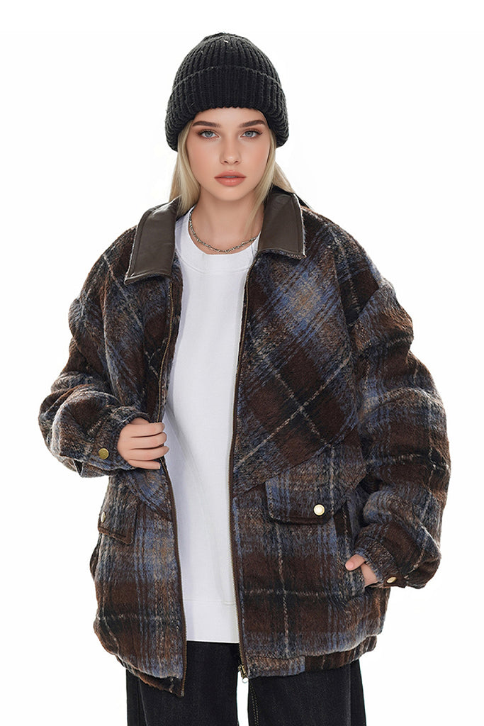 Fibflx Women's Oversized Faux Wool Plaid Bomber Shacket with Leather Collar