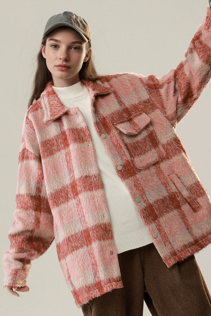 Fibflx Women's Oversized Faux Wool Plaid Shacket in Pink