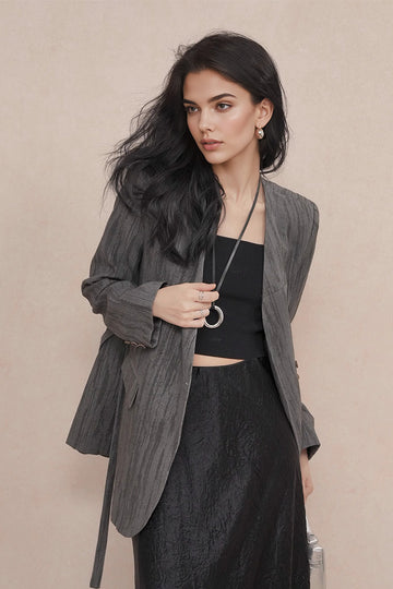 Oversized Grey Textured Collarless Blazer - Fibflx