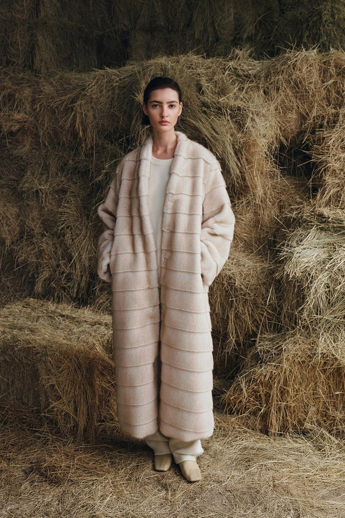 Oversized Horizontal Faux Mink Fur Longline Coat Beige / M Fibflx