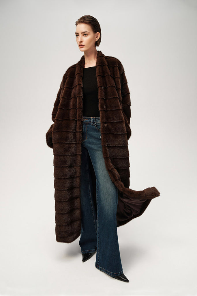 Oversized Horizontal Faux Mink Fur Longline Coat Dark Brown / M Fibflx