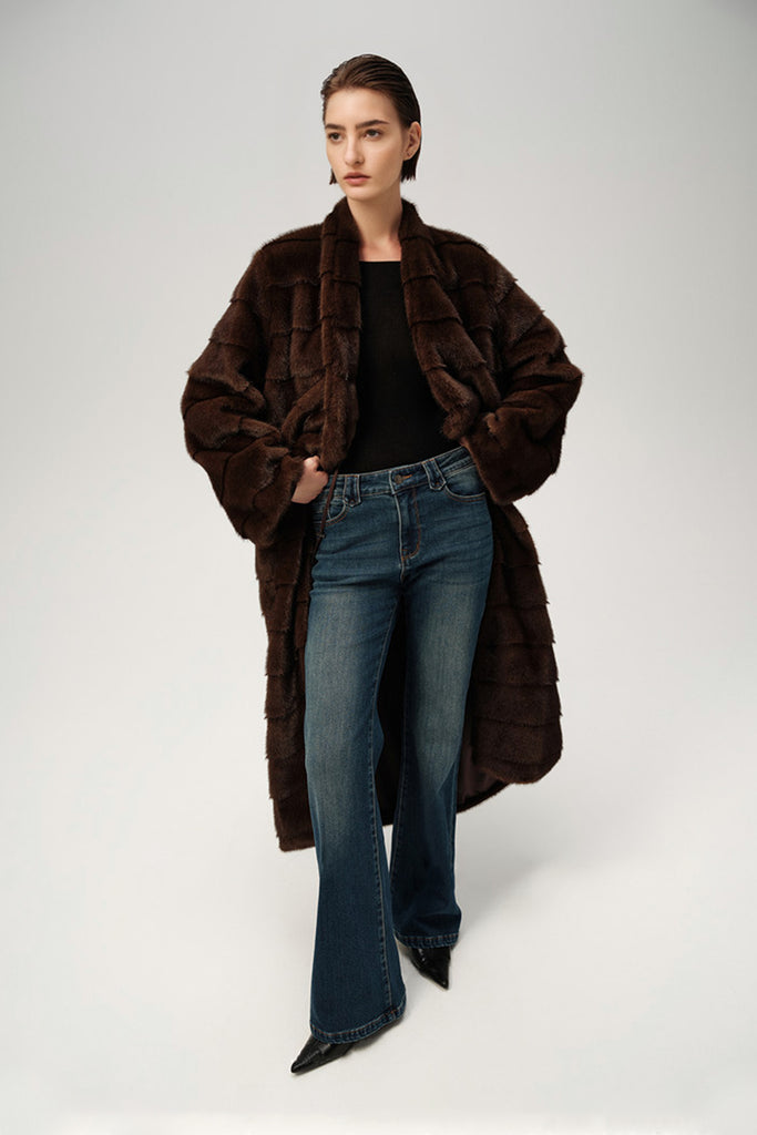 Oversized Horizontal Faux Mink Fur Longline Coat  Fibflx