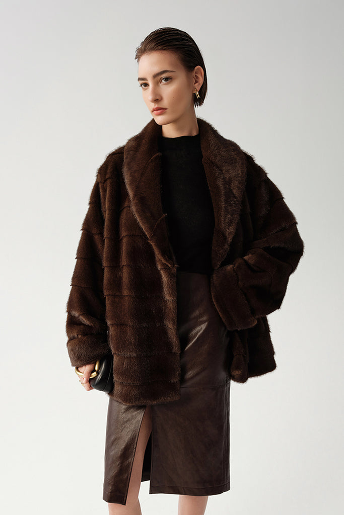 Oversized Horizontal Faux Mink Fur Short Shawl Coat Dark Brown / M Fibflx
