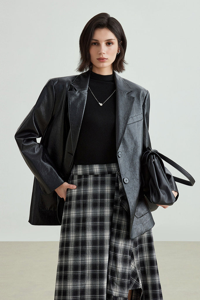 Oversized Leather Single-Breasted Blazer Jacket  Fibflx