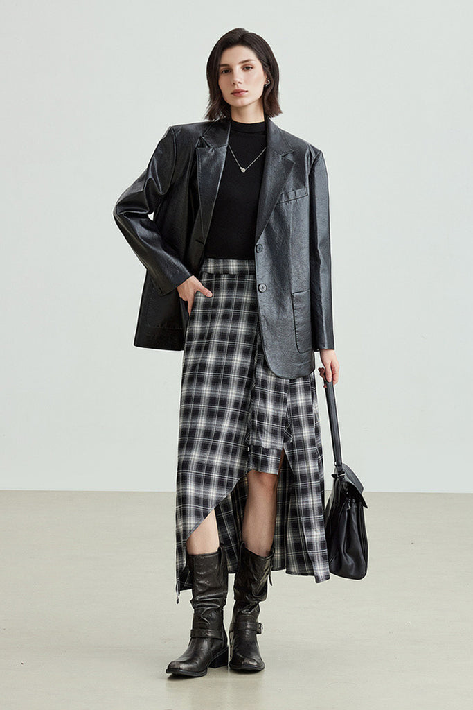 Oversized Leather Single-Breasted Blazer Jacket  Fibflx