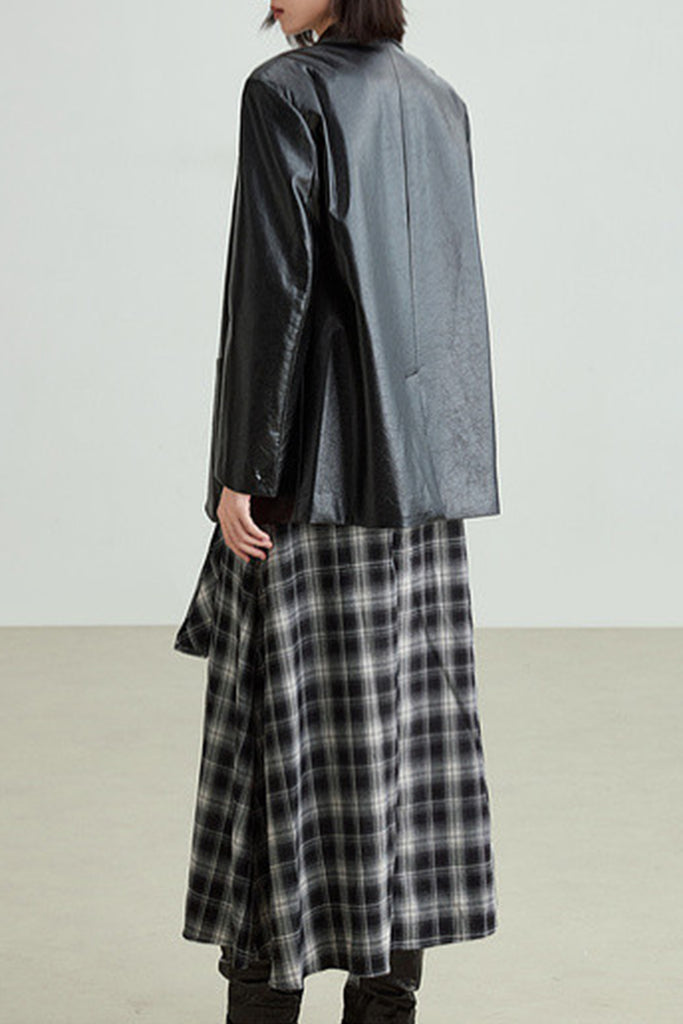 Oversized Leather Single-Breasted Blazer Jacket  Fibflx