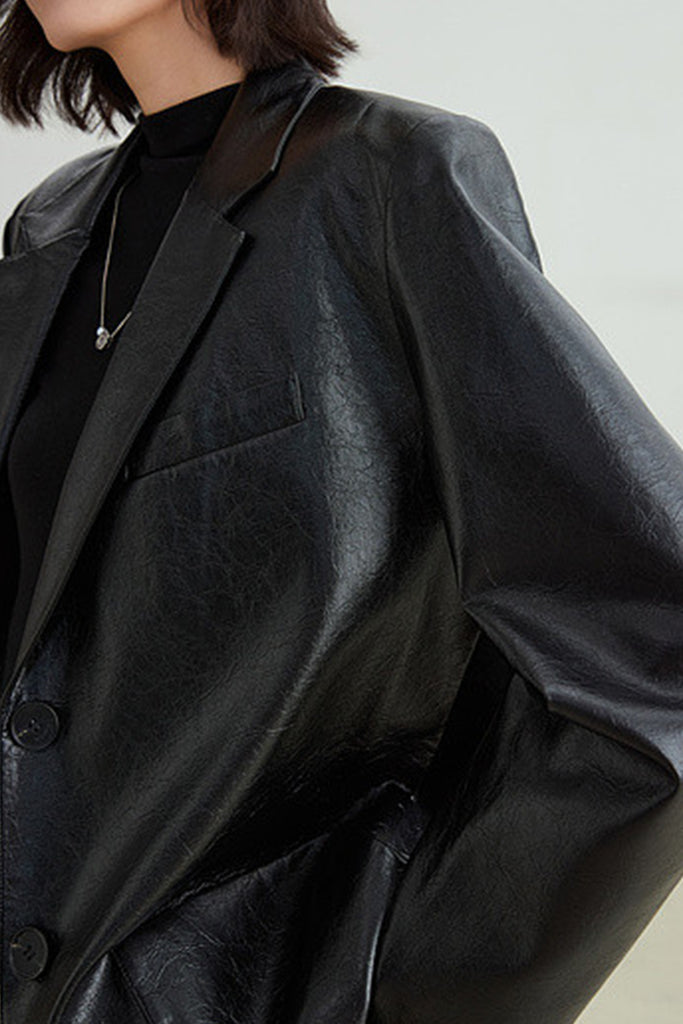 Oversized Leather Single-Breasted Blazer Jacket  Fibflx