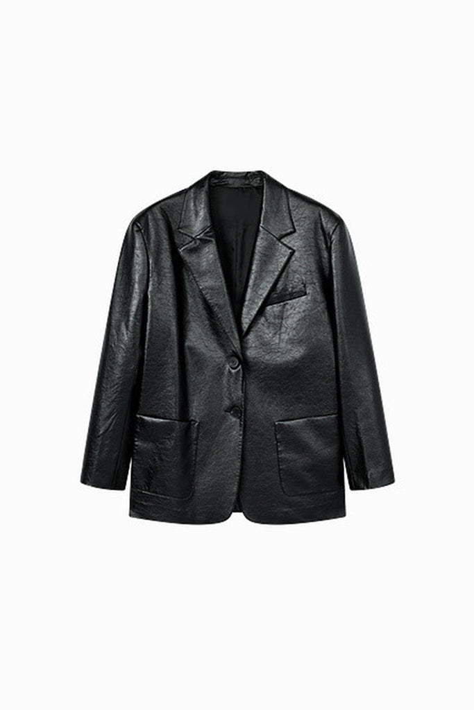 Oversized Leather Single-Breasted Blazer Jacket  Fibflx