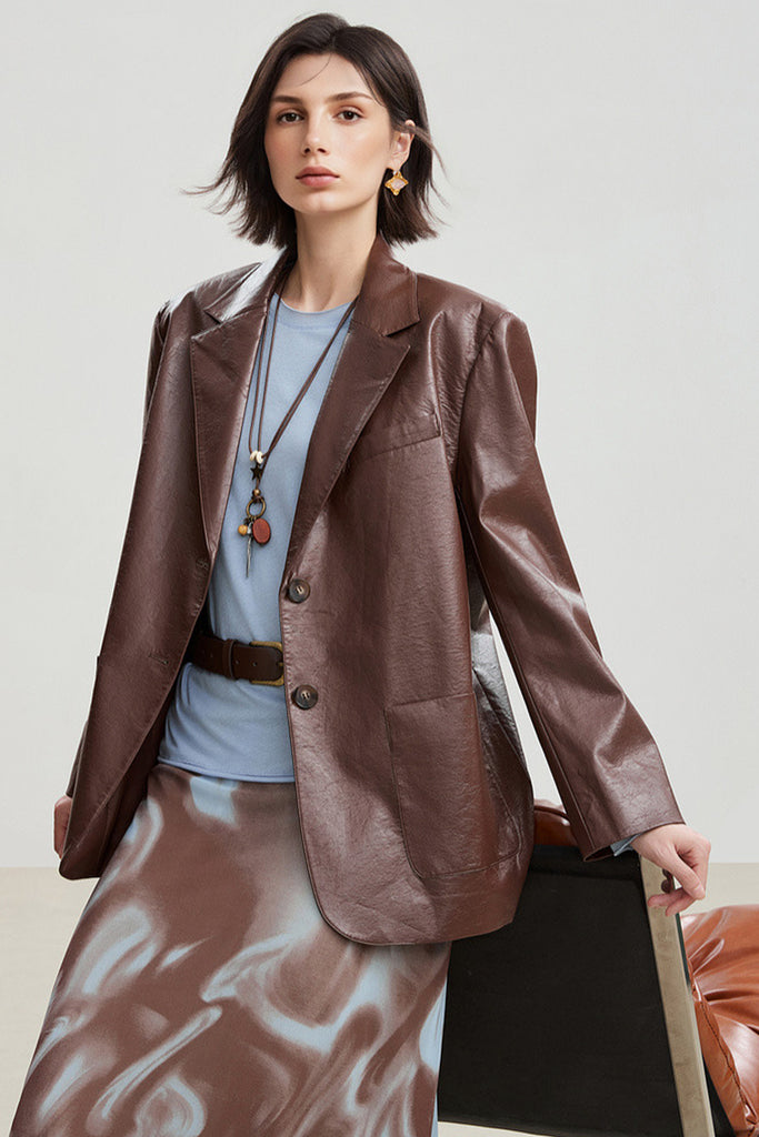 Oversized Leather Single-Breasted Blazer Jacket  Fibflx
