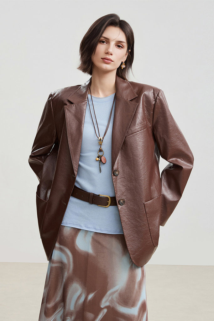 Oversized Leather Single-Breasted Blazer Jacket  Fibflx