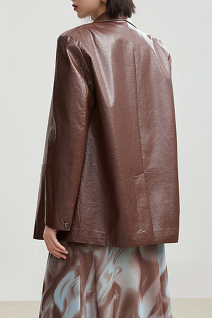 Oversized Leather Single-Breasted Blazer Jacket  Fibflx