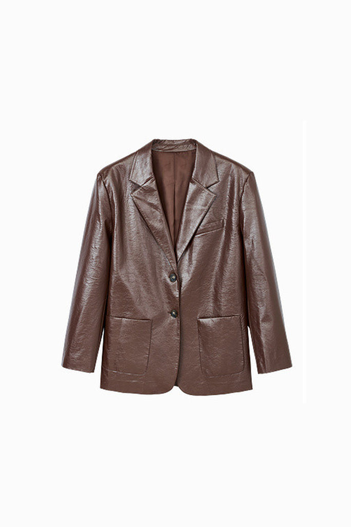 Oversized Leather Single-Breasted Blazer Jacket  Fibflx