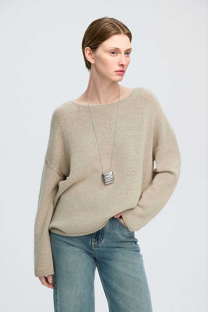 Oversized Linen-Cotton Knit Long-Sleeve Drop-Shoulder T-Shirt  Fibflx