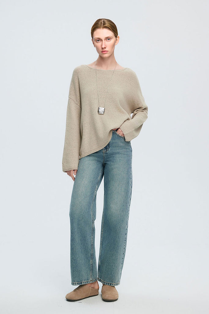 Oversized Linen-Cotton Knit Long-Sleeve Drop-Shoulder T-Shirt  Fibflx