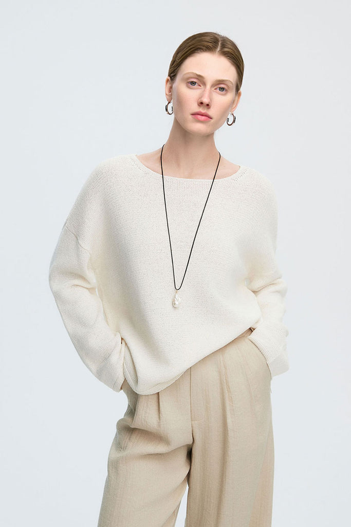 Oversized Linen-Cotton Knit Long-Sleeve Drop-Shoulder T-Shirt M / Off White / 38% Linen 33% Organic Cotton 29% N Fibflx