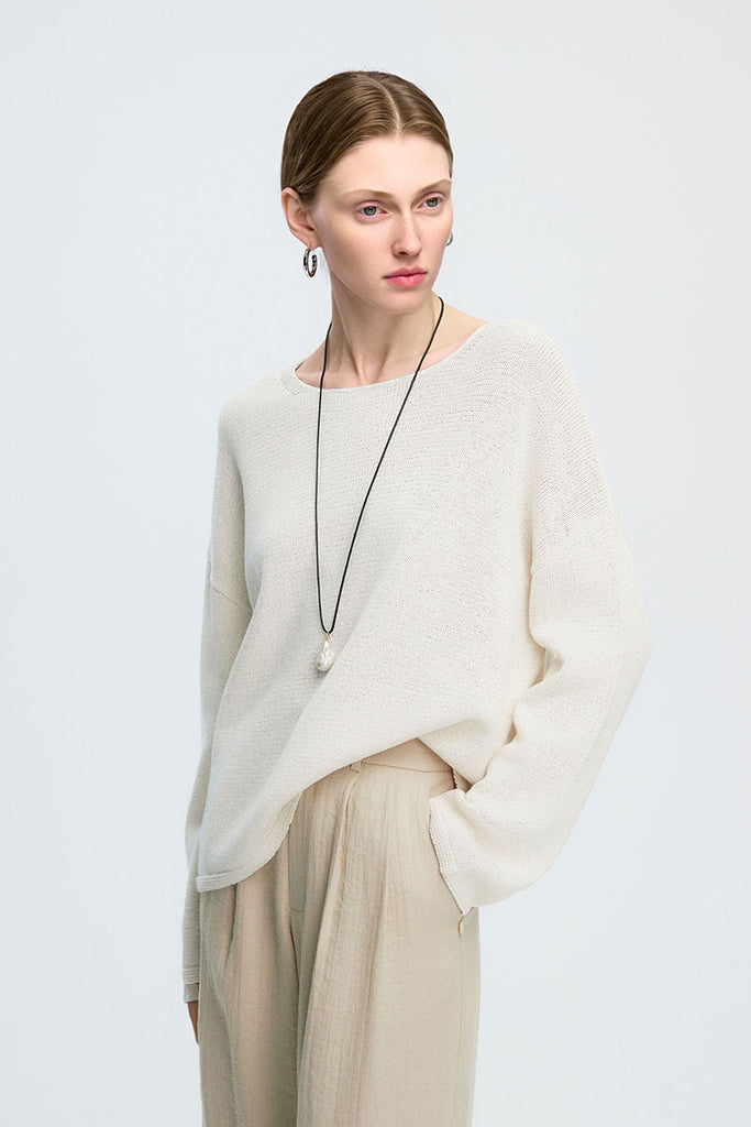 Oversized Linen-Cotton Knit Long-Sleeve Drop-Shoulder T-Shirt  Fibflx