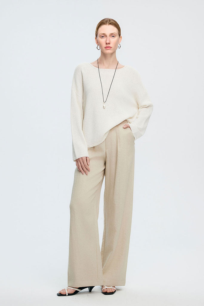 Oversized Linen-Cotton Knit Long-Sleeve Drop-Shoulder T-Shirt  Fibflx