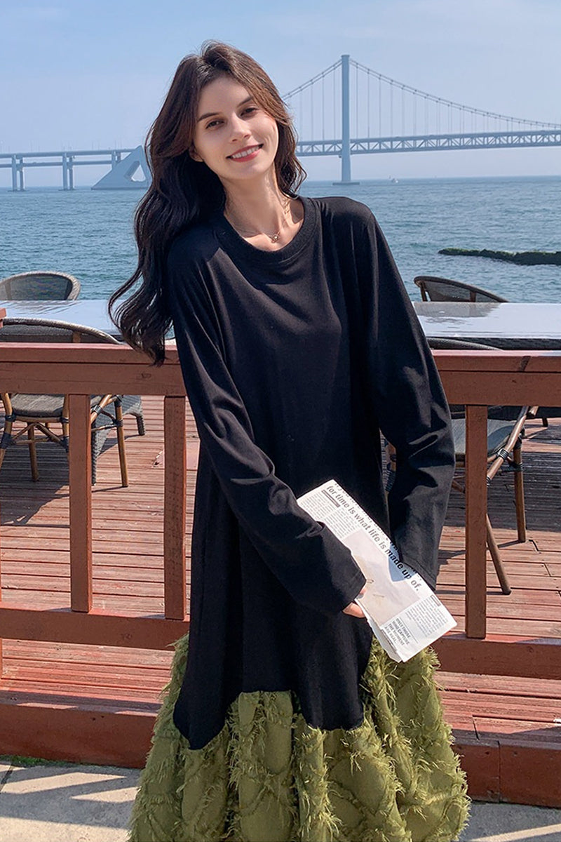 long sleeve mixed media dress Oversized Sweatshirt Midi Black / M Hang Or Line Dry Dress (1 Pc.):S new-arrivals:PremierLowTop Max Studio Women's Elbow