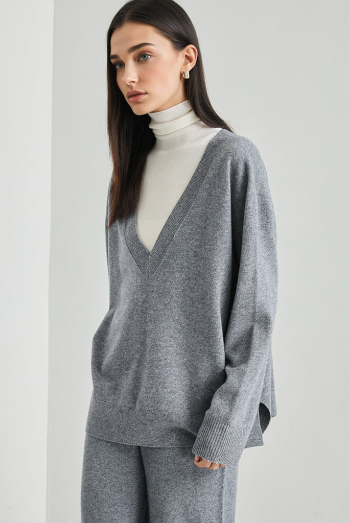 Oversized Merino Wool Seamless Deep V-Neck Sweater  Fibflx