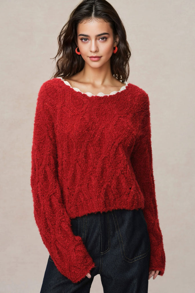 Fibflx Women's Oversized Mohair-Blend Cable Knit Scoop Neck Sweater