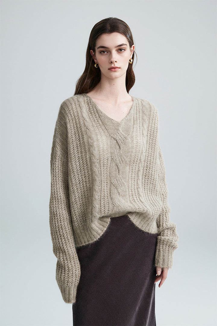 Oversized Mohair-Wool Open Knit V-Neck Cable Sweater  Fibflx