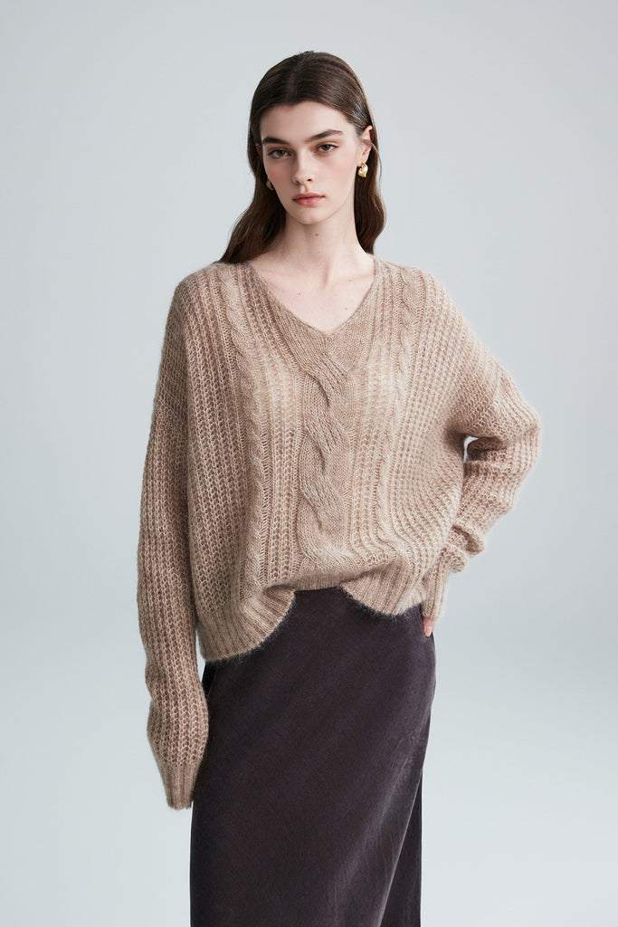 Oversized Mohair-Wool Open Knit V-Neck Cable Sweater  Fibflx