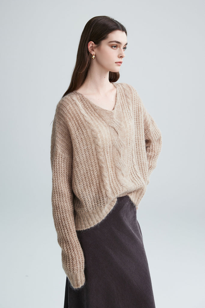 Oversized Mohair-Wool Open Knit V-Neck Cable Sweater  Fibflx